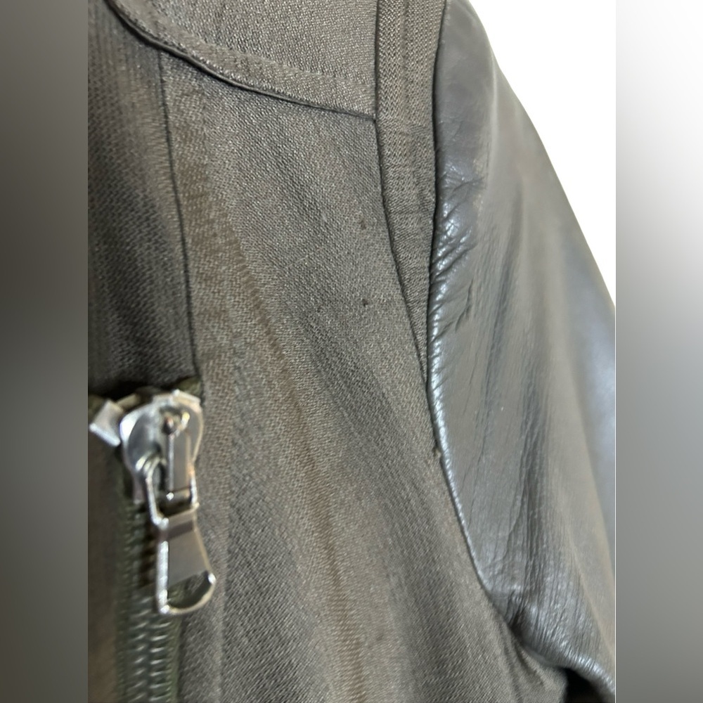 Maje Euphorie Women's Black and Khaki Green Silk Leather Moto Biker Jacket Small - Picture 7 of 8